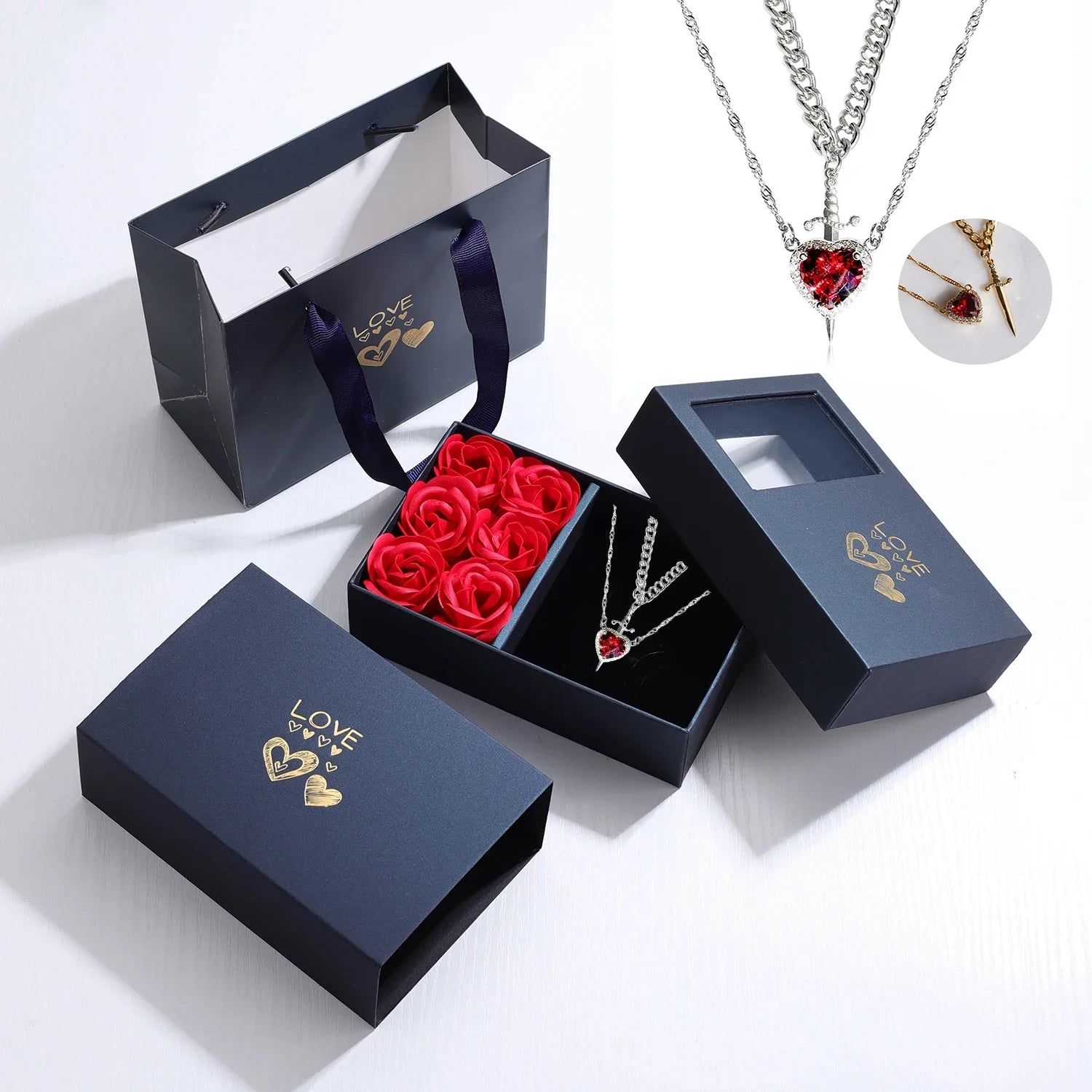 Heart & Sword Couple Necklace with Rose Jewelry Box