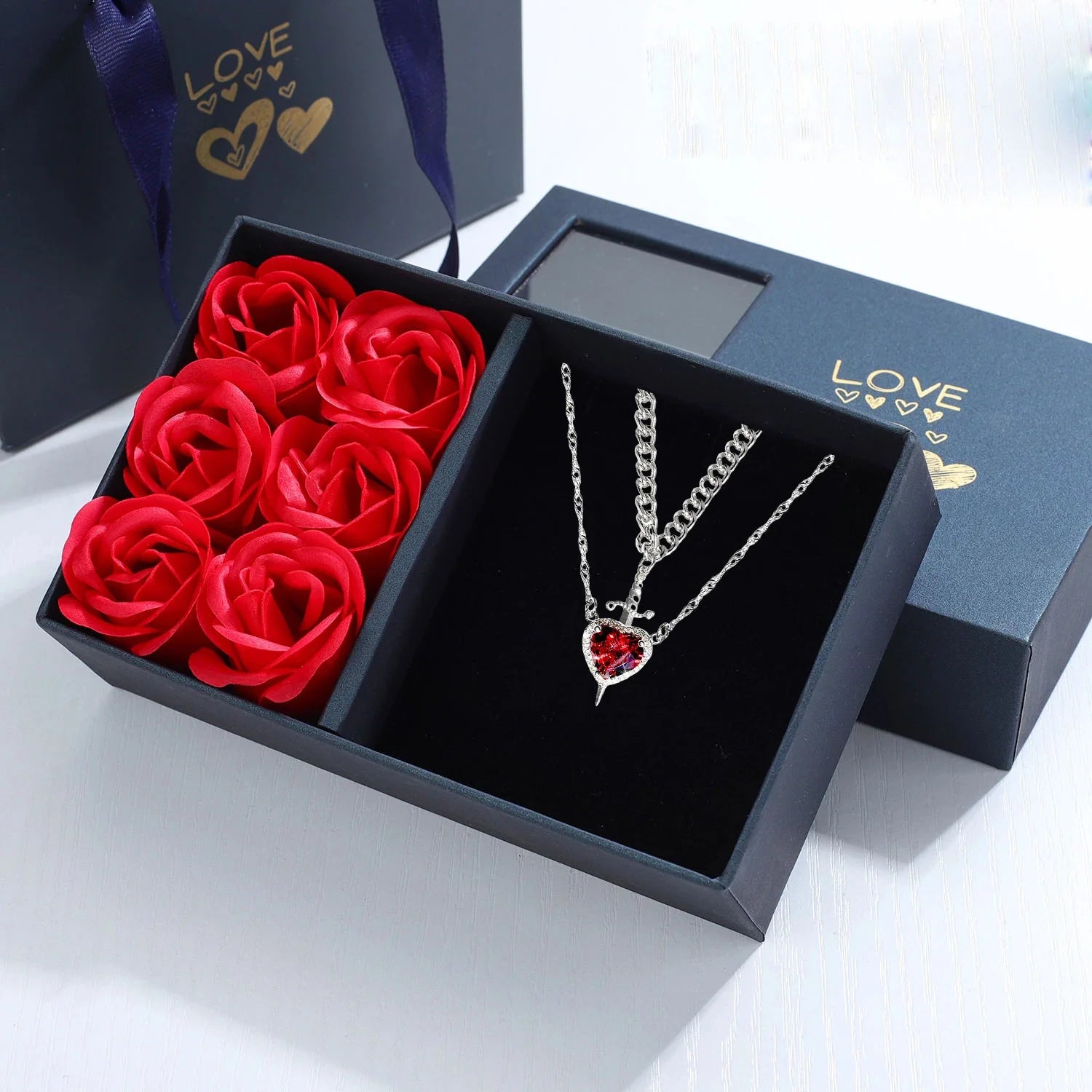 Heart & Sword Couple Necklace with Rose Jewelry Box